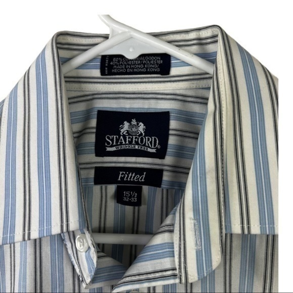 Stafford Men Casual Shirt Buttons Down Striped Blue White Sz 15 1/2 32-33 - Picture 2 of 8